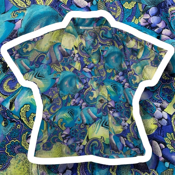 Vintage Silk Top Women's Sz 8 Tropical Ocean Fish Floral Paisley MISSING BUTTONS - Picture 16 of 16
